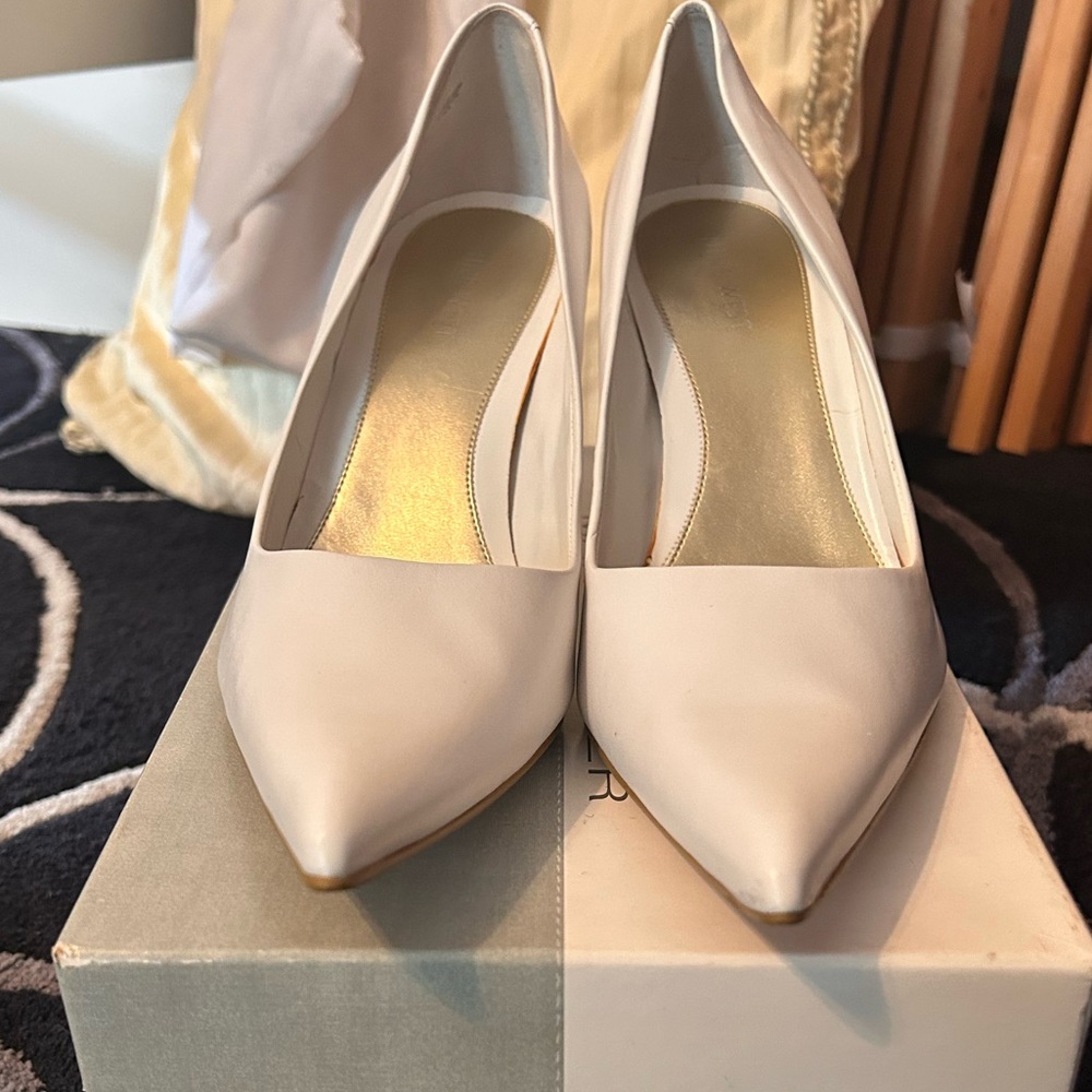 Marc Fisher Cream Pointed-Toe Patent Pumps